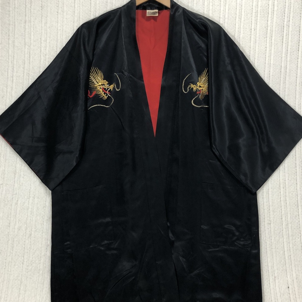 Vintage Black Satin Dragon Embroidered Kimono Robe Red Lining Open Front M/L